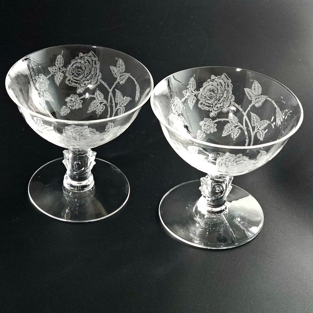 2 Heisey Rose Champagne Coupes 4.5" crystal vtg 1950s romantic vintage romance c - Picture 2 of 10